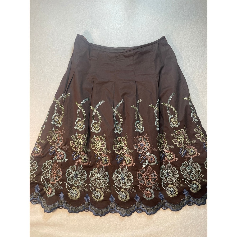 Autograph New York Brown Floral Embroidered Scalloped Hem A-Line Skirt Size 8
